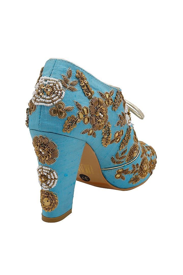 Turquoise Raw Silk Embroidered Boots by Veruschka By Payal Kothari at Pernia's Pop Up Shop