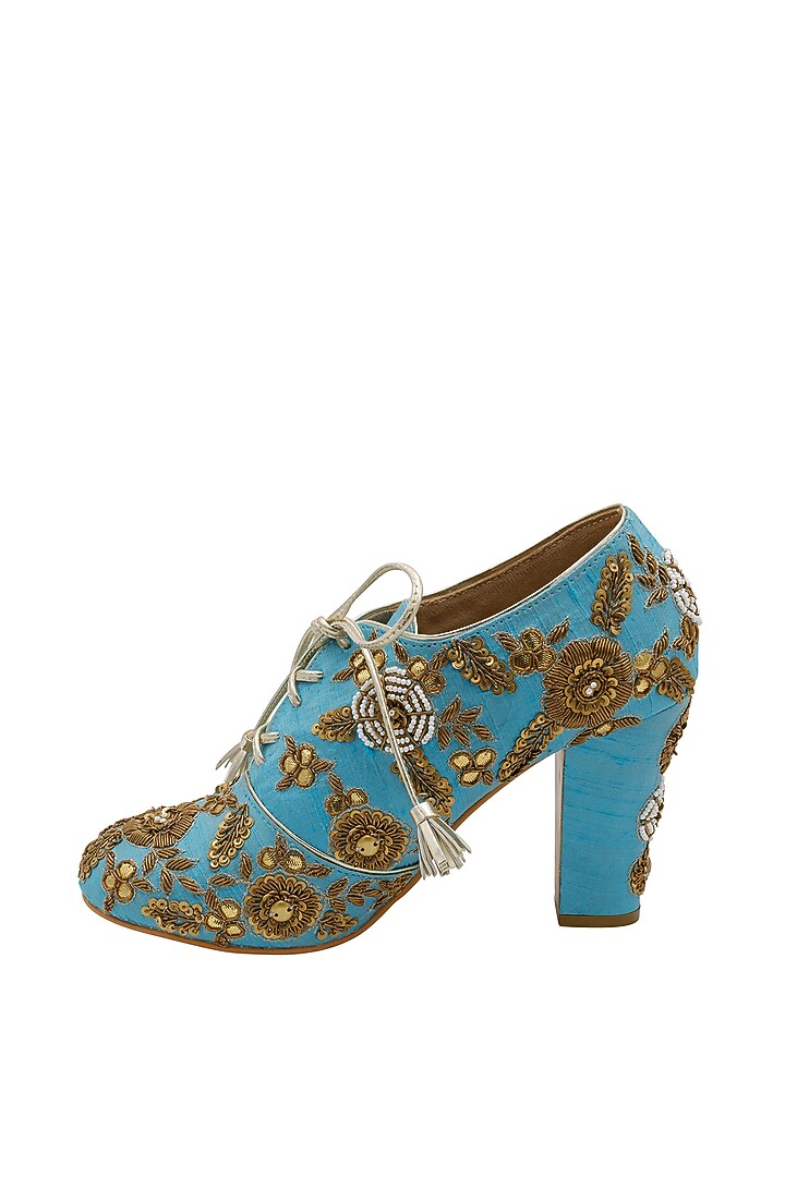 Turquoise Raw Silk Embroidered Boots by Veruschka By Payal Kothari at Pernia's Pop Up Shop