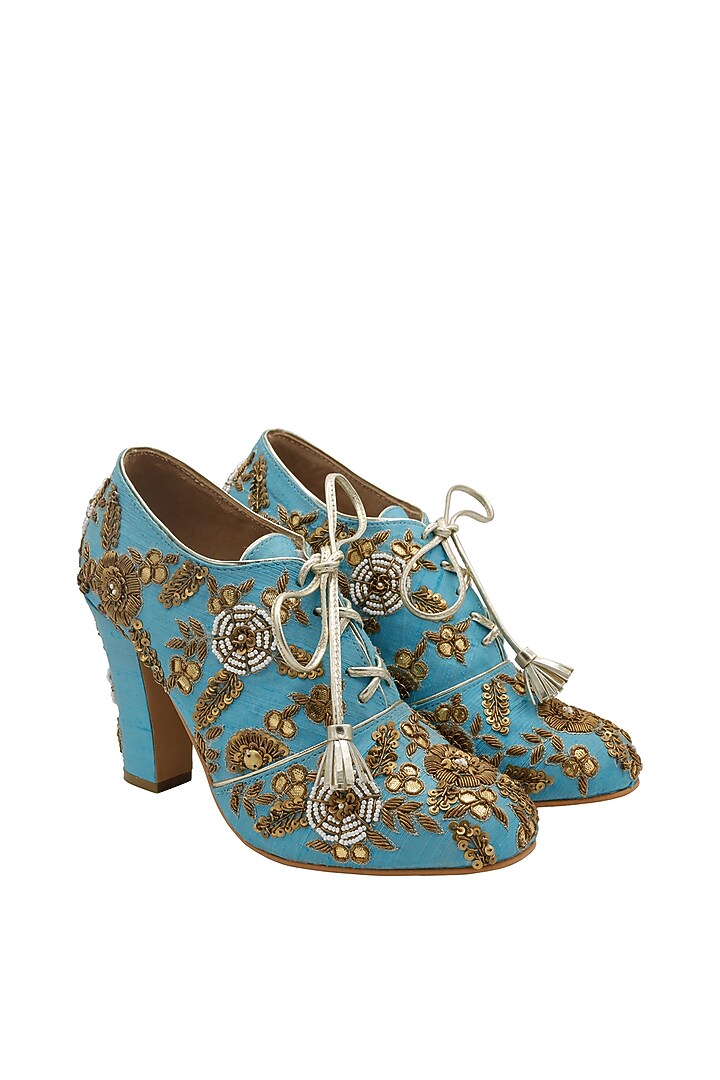 Turquoise Raw Silk Embroidered Boots by Veruschka By Payal Kothari at Pernia's Pop Up Shop
