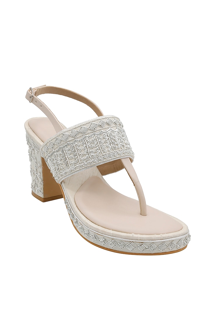 Off-White Raw Silk & Vegan Leather Embroidered Heeled Sandals by Veruschka By Payal Kothari at Pernia's Pop Up Shop