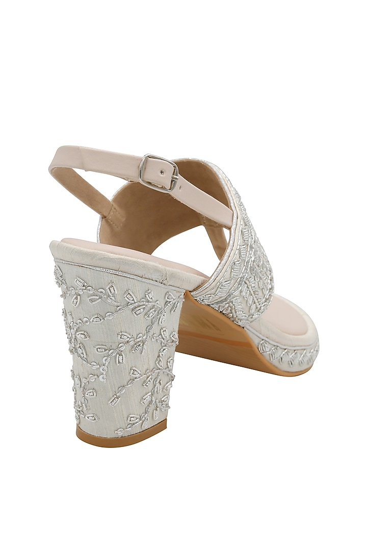 Off-White Raw Silk & Vegan Leather Embroidered Heeled Sandals by Veruschka By Payal Kothari at Pernia's Pop Up Shop