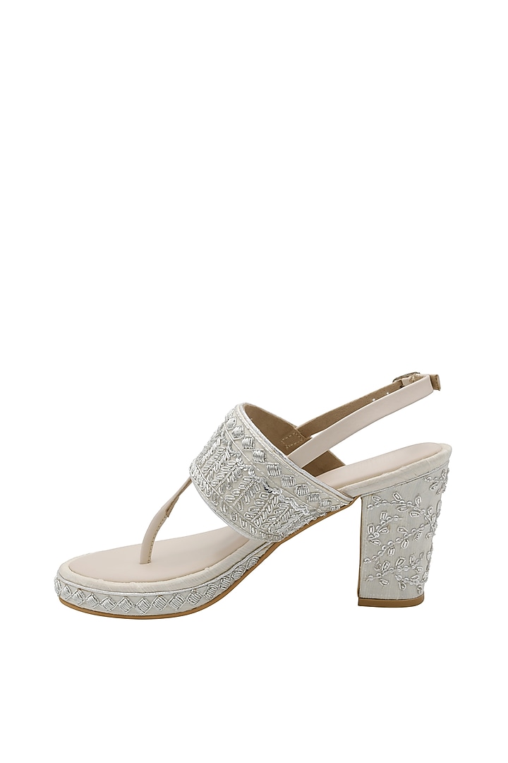 Off-White Raw Silk & Vegan Leather Embroidered Heeled Sandals by Veruschka By Payal Kothari at Pernia's Pop Up Shop