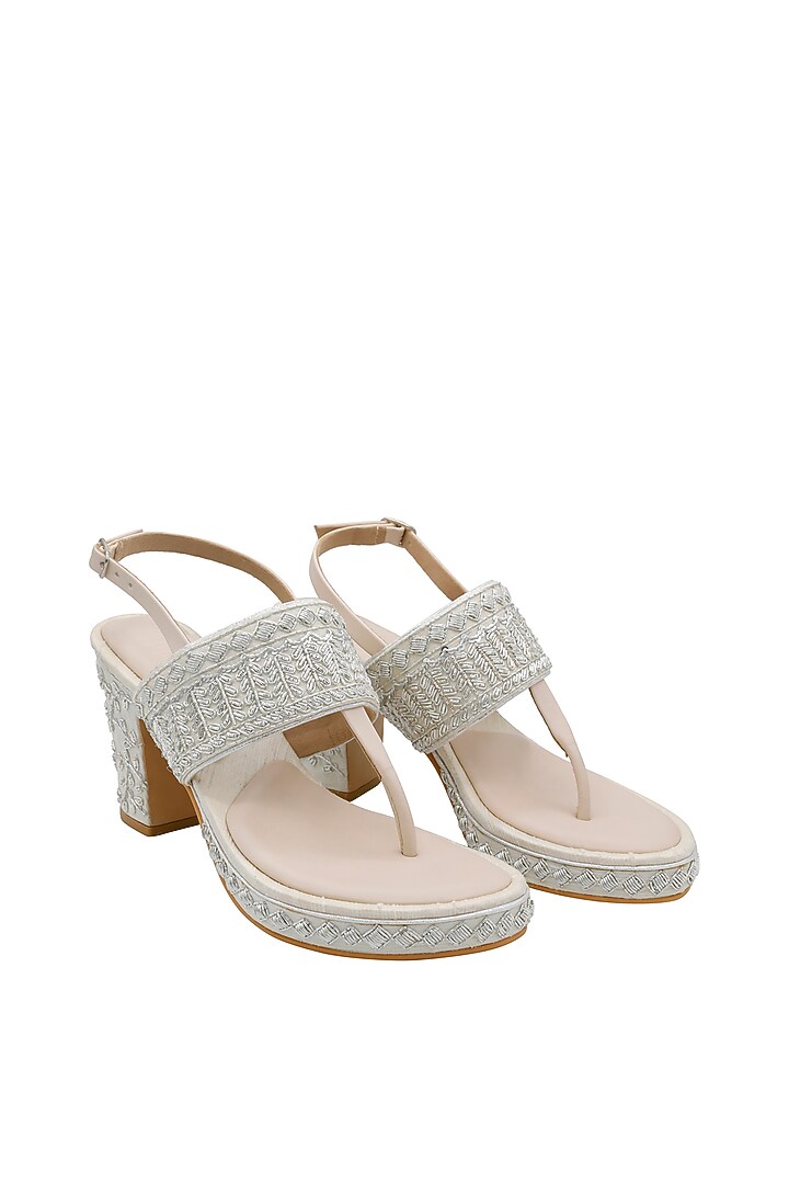 Off-White Raw Silk & Vegan Leather Embroidered Heeled Sandals by Veruschka By Payal Kothari at Pernia's Pop Up Shop