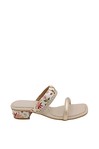 Cream & White Vegan Leather Embroidered Heeled Sandals by Veruschka By Payal Kothari