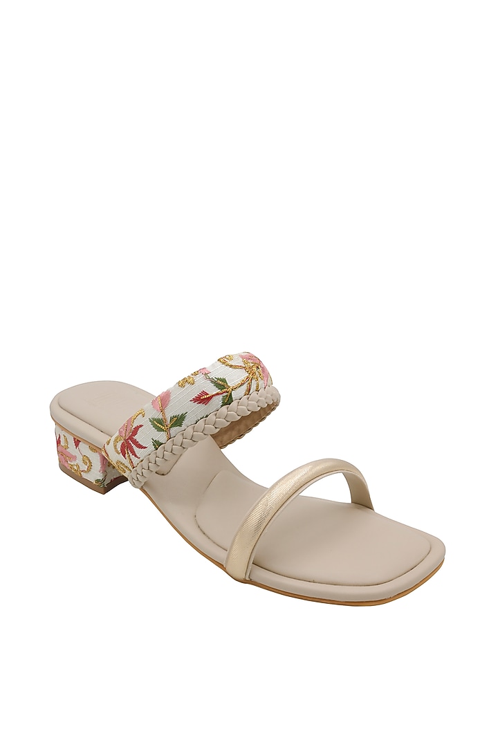 Cream & White Vegan Leather Embroidered Heeled Sandals by Veruschka By Payal Kothari at Pernia's Pop Up Shop