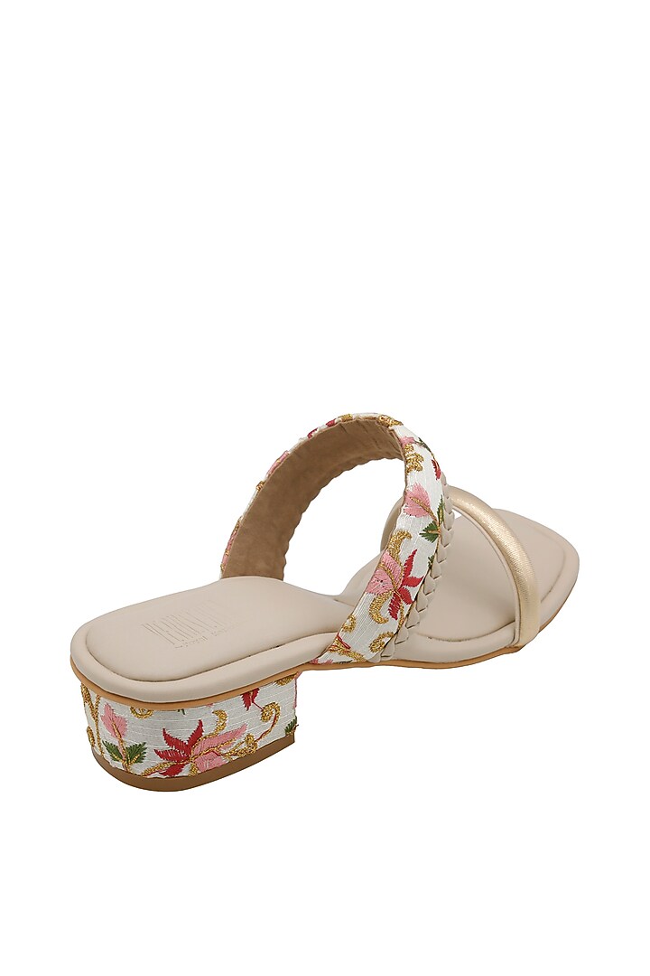 Cream & White Vegan Leather Embroidered Heeled Sandals by Veruschka By Payal Kothari at Pernia's Pop Up Shop