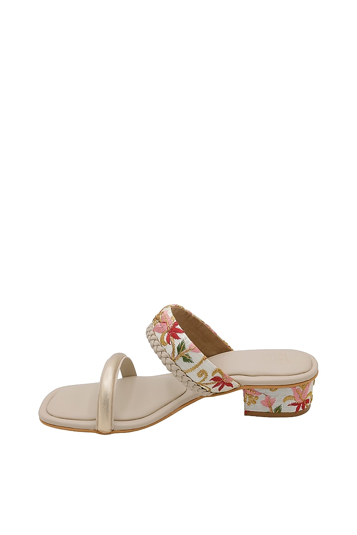 Cream & White Vegan Leather Embroidered Heeled Sandals by Veruschka By Payal Kothari at Pernia's Pop Up Shop