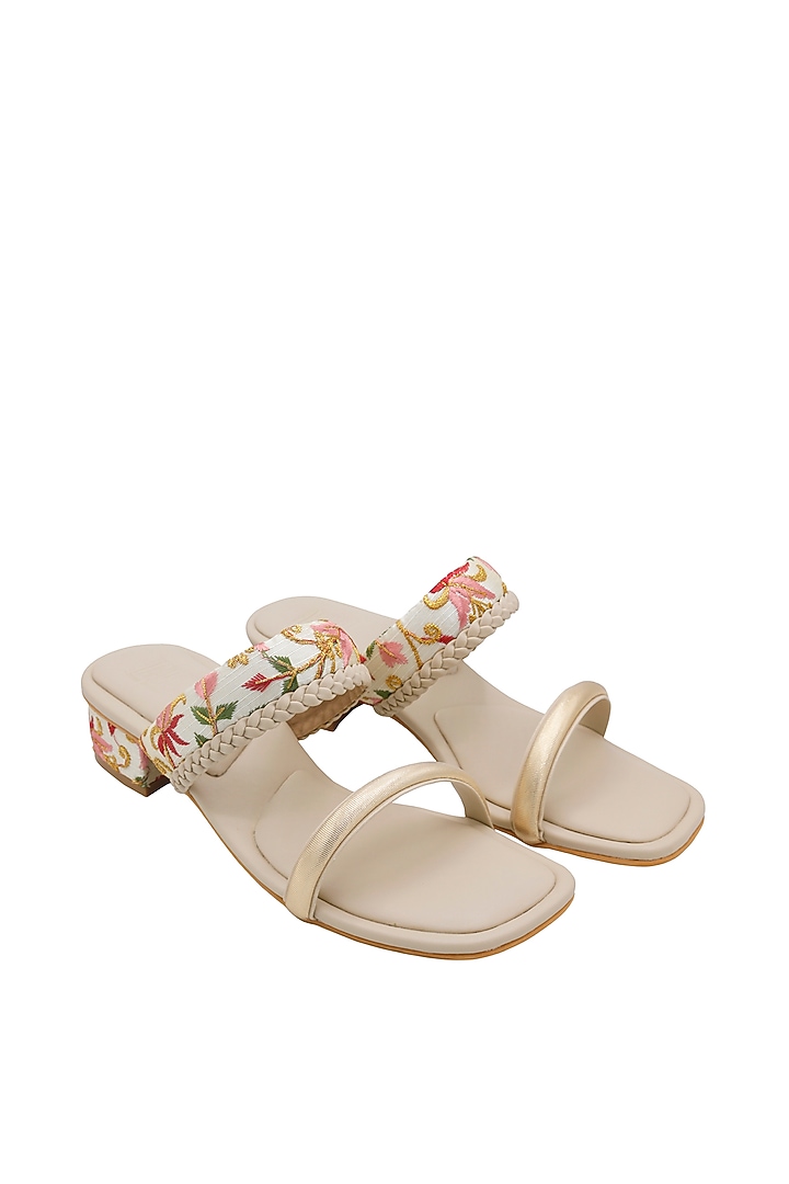 Cream & White Vegan Leather Embroidered Heeled Sandals by Veruschka By Payal Kothari at Pernia's Pop Up Shop