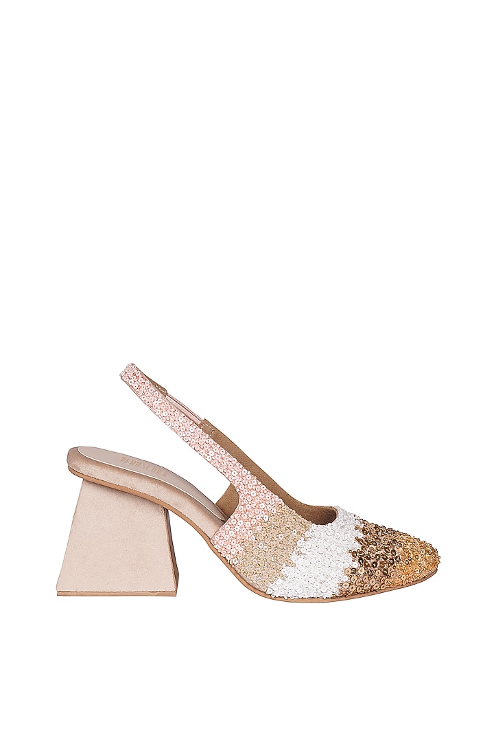 Cream Suede Gold & Pink Sequins Ombre Embroidered Mules by Veruschka By Payal Kothari at Pernia's Pop Up Shop
