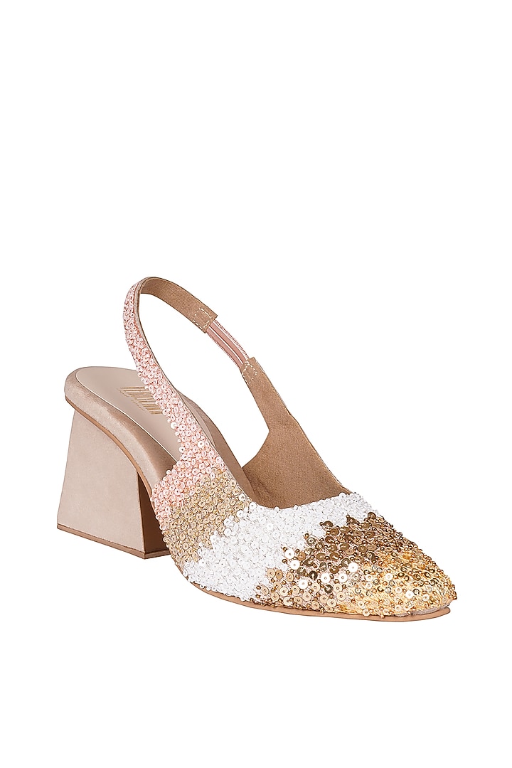 Cream Suede Gold & Pink Sequins Ombre Embroidered Mules by Veruschka By Payal Kothari at Pernia's Pop Up Shop