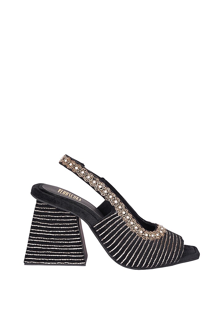 Black Suede Pitta Work Peep Toe Sling Back Sandals by Veruschka By Payal Kothari at Pernia's Pop Up Shop