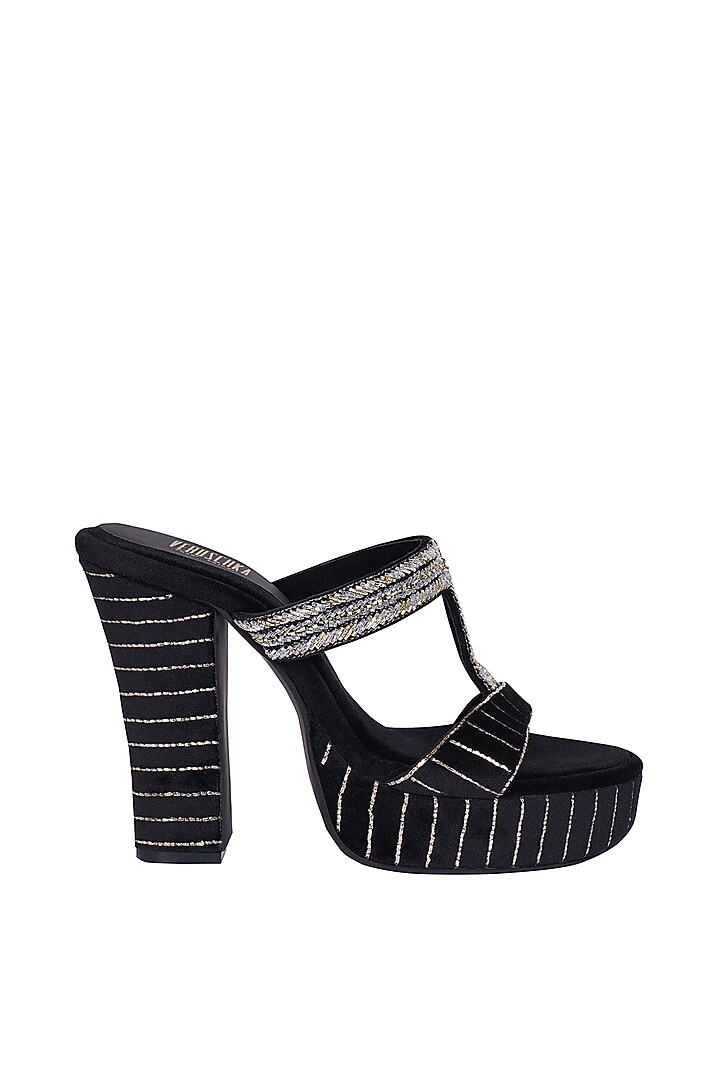 Black Suede Salli Embroidered Slip-On Sandals by Veruschka By Payal Kothari at Pernia's Pop Up Shop