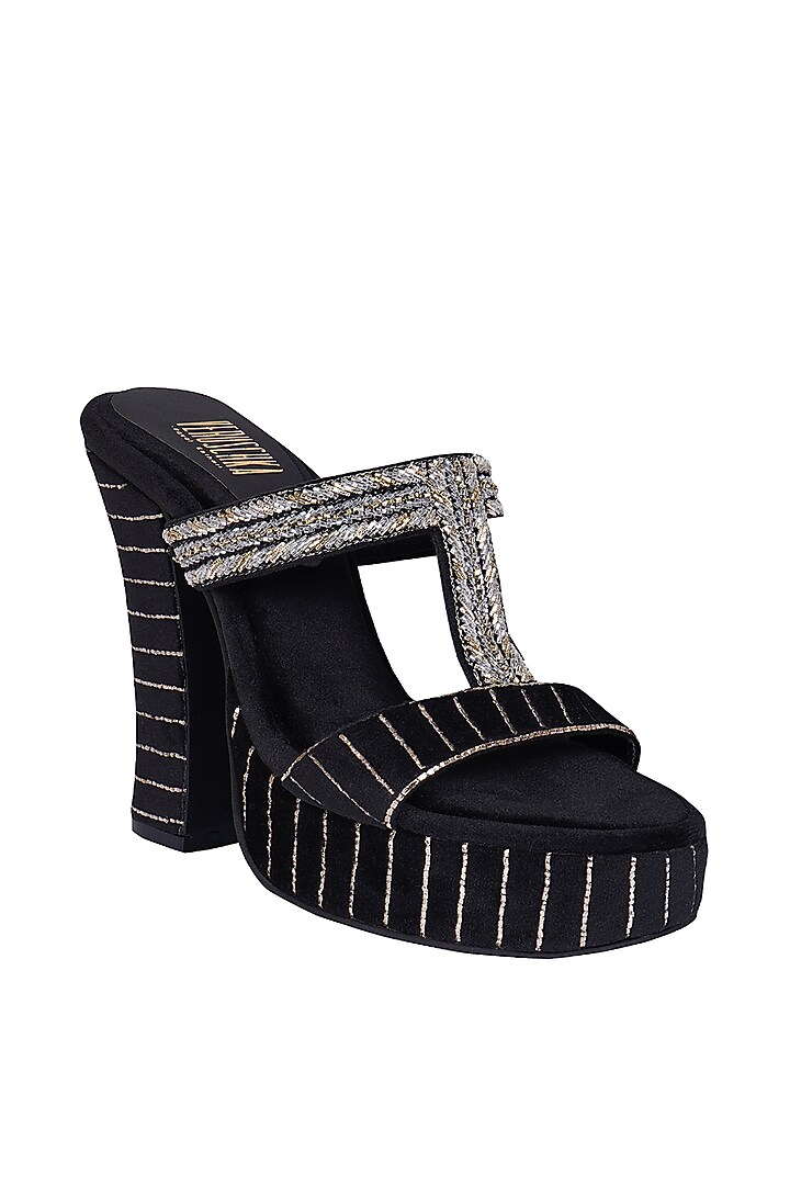 Black Suede Salli Embroidered Slip-On Sandals by Veruschka By Payal Kothari at Pernia's Pop Up Shop