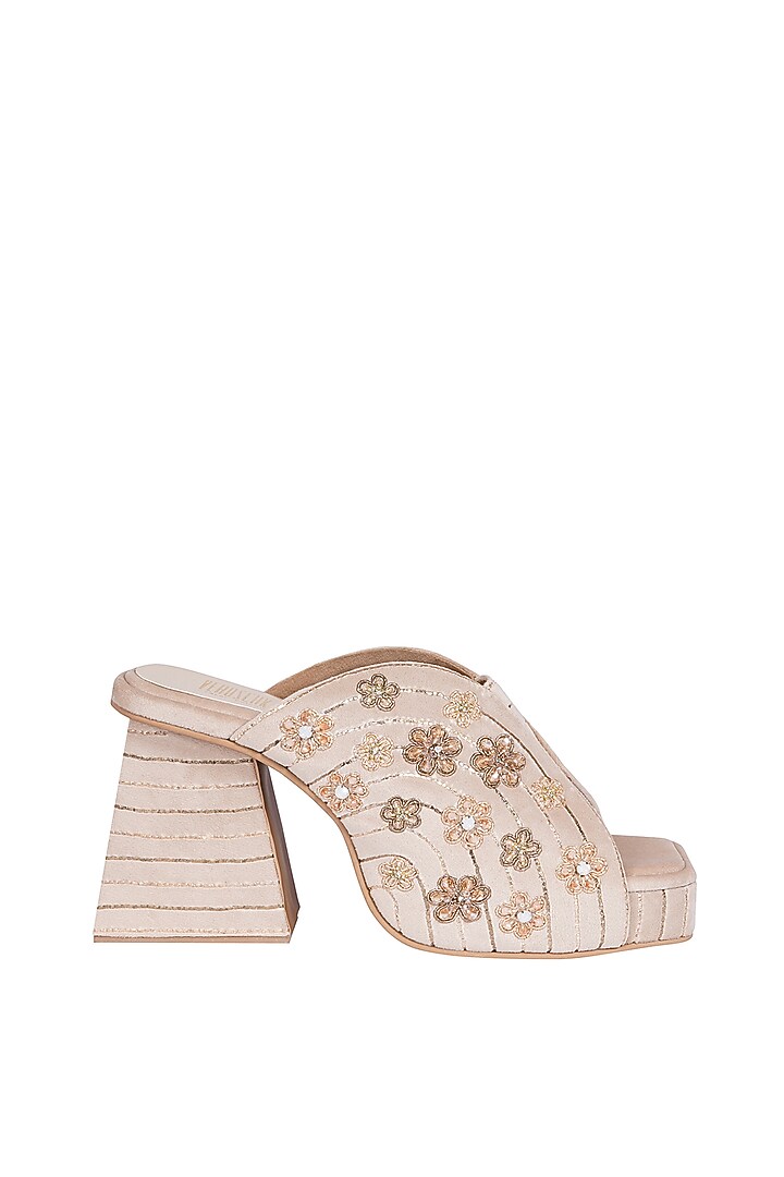 Cream Suede Floral Crystal Embroidered Sandals by Veruschka By Payal Kothari at Pernia's Pop Up Shop