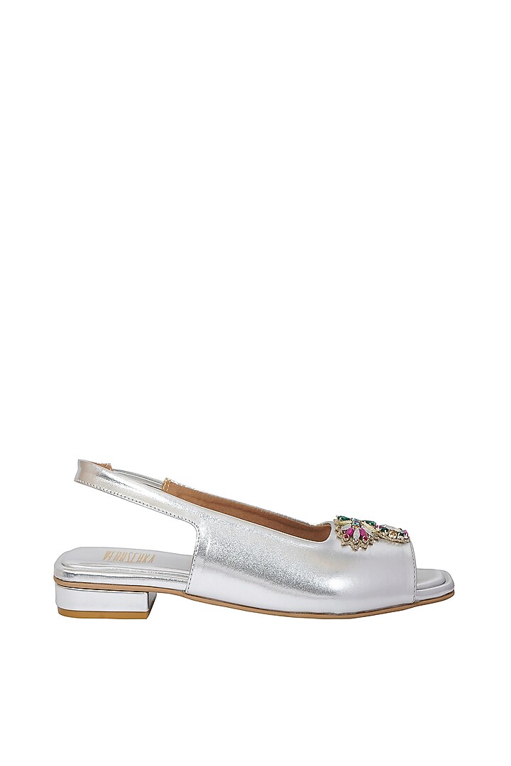 Silver Faux Leather Peep Toe Sling Back Sandals by Veruschka By Payal Kothari at Pernia's Pop Up Shop