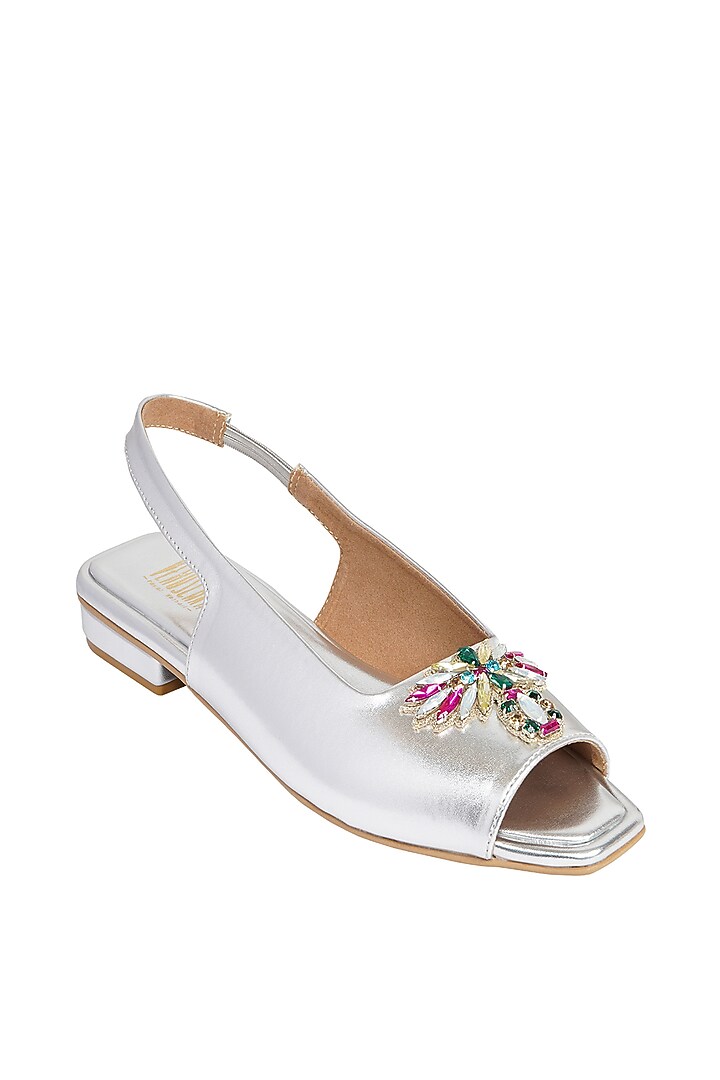 Silver Faux Leather Peep Toe Sling Back Sandals by Veruschka By Payal Kothari at Pernia's Pop Up Shop