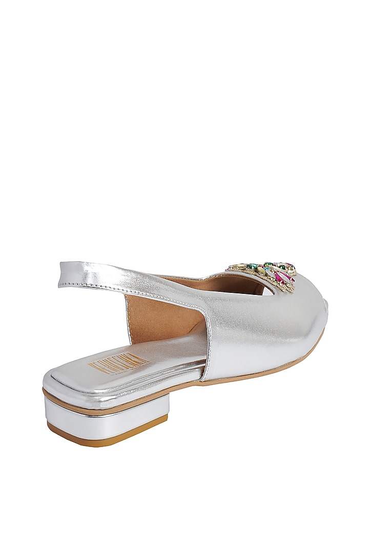 Silver Faux Leather Peep Toe Sling Back Sandals by Veruschka By Payal Kothari at Pernia's Pop Up Shop