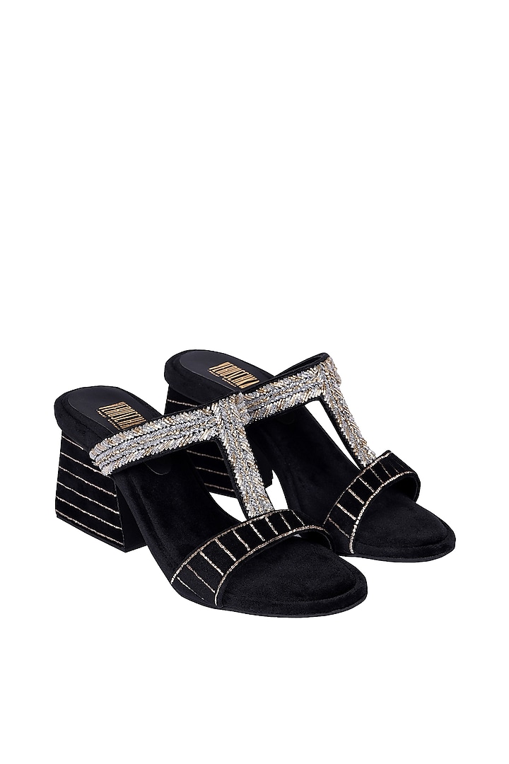 Black Suede Salli Embroidered Slip-On Sandals by Veruschka By Payal Kothari at Pernia's Pop Up Shop