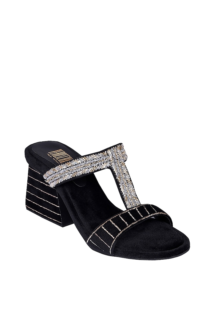 Black Suede Salli Embroidered Slip-On Sandals by Veruschka By Payal Kothari at Pernia's Pop Up Shop