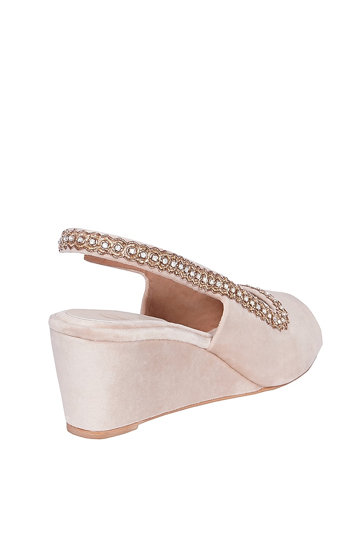 Cream Suede Crystal Embroidered Peep Toe Slingback Wedges by Veruschka By Payal Kothari at Pernia's Pop Up Shop