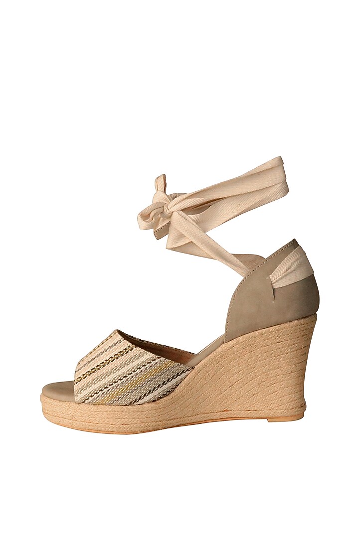 Cream & Grey Wedges With Tie-Ups by Veruschka By Payal Kothari at Pernia's Pop Up Shop