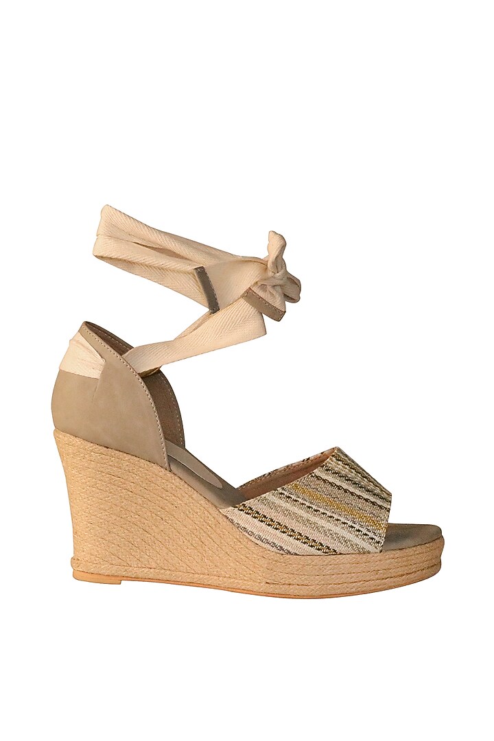 Cream & Grey Wedges With Tie-Ups by Veruschka By Payal Kothari at Pernia's Pop Up Shop