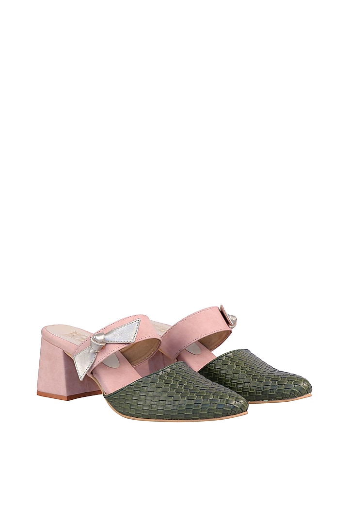 Green & Pink Mules With Geometric Block Heels by Veruschka By Payal Kothari at Pernia's Pop Up Shop