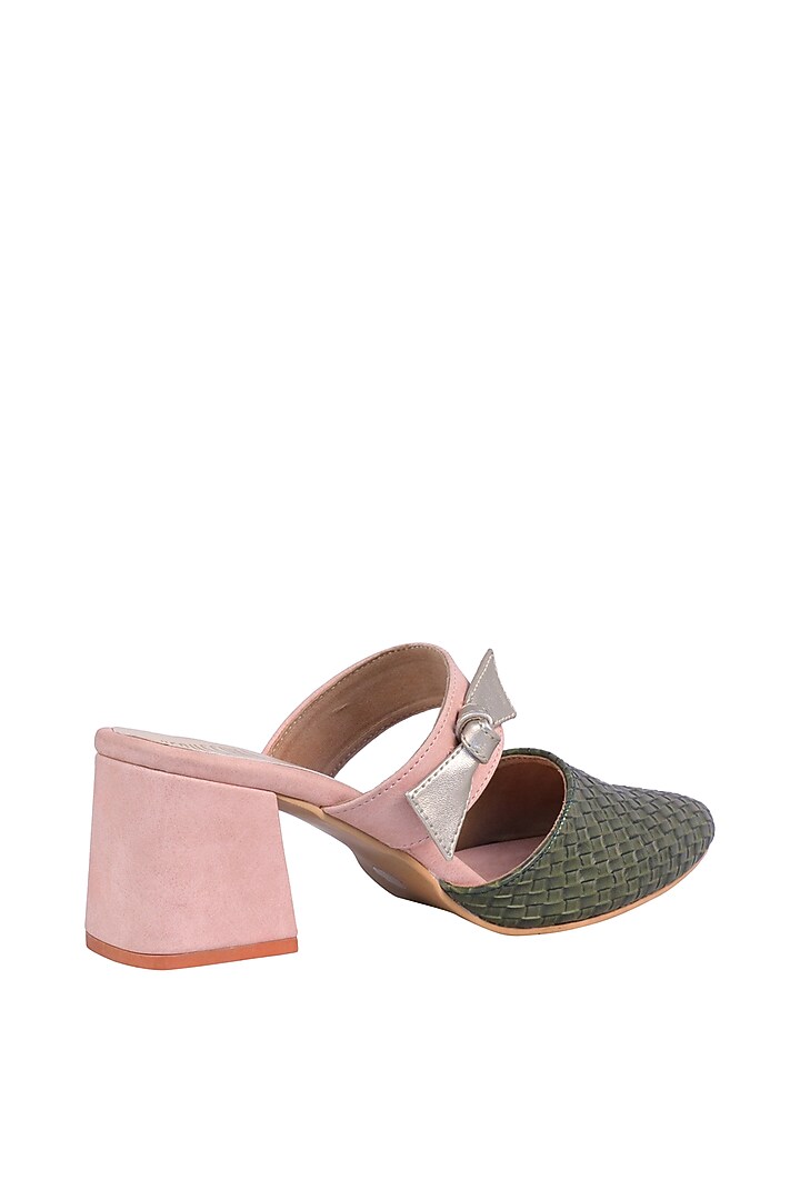 Green & Pink Mules With Geometric Block Heels by Veruschka By Payal Kothari at Pernia's Pop Up Shop