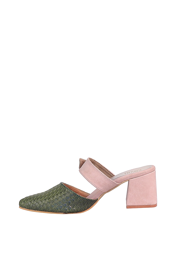 Green & Pink Mules With Geometric Block Heels by Veruschka By Payal Kothari at Pernia's Pop Up Shop