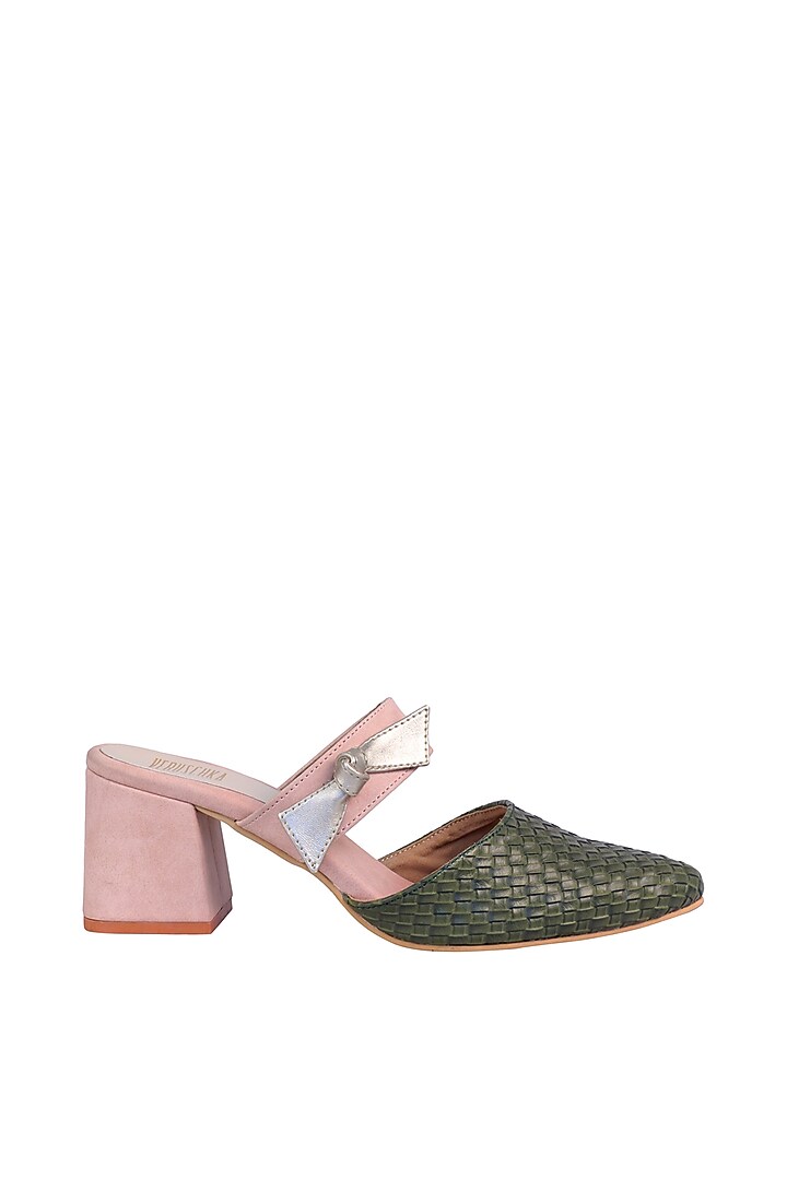 Green & Pink Mules With Geometric Block Heels by Veruschka By Payal Kothari at Pernia's Pop Up Shop