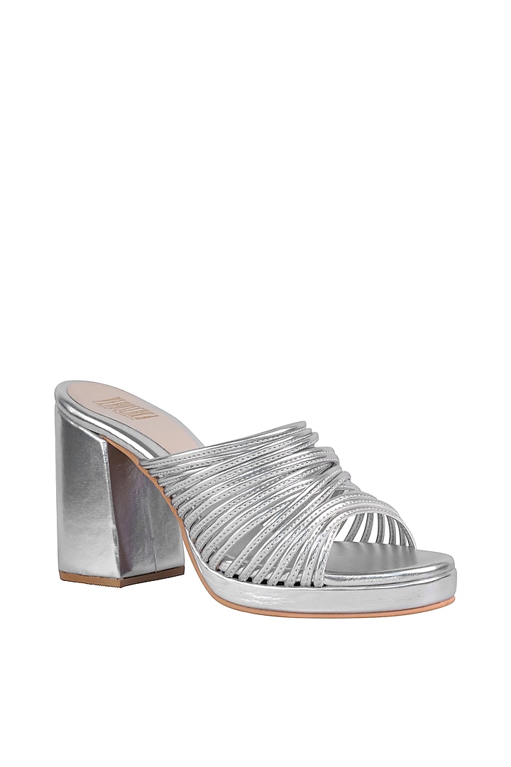 Silver String Sandals With Block Heels by Veruschka By Payal Kothari