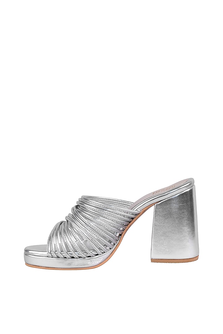 Silver String Sandals With Block Heels by Veruschka By Payal Kothari at Pernia's Pop Up Shop