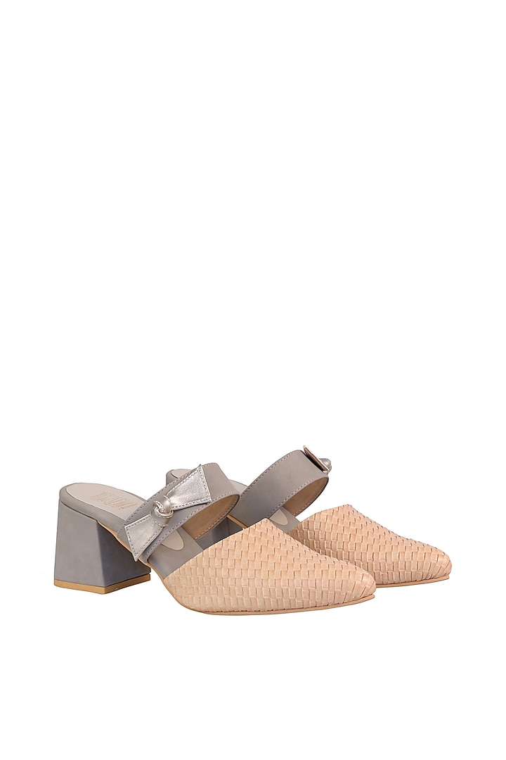 Yellow & Grey Mules With Geometric Block Heels by Veruschka By Payal Kothari at Pernia's Pop Up Shop