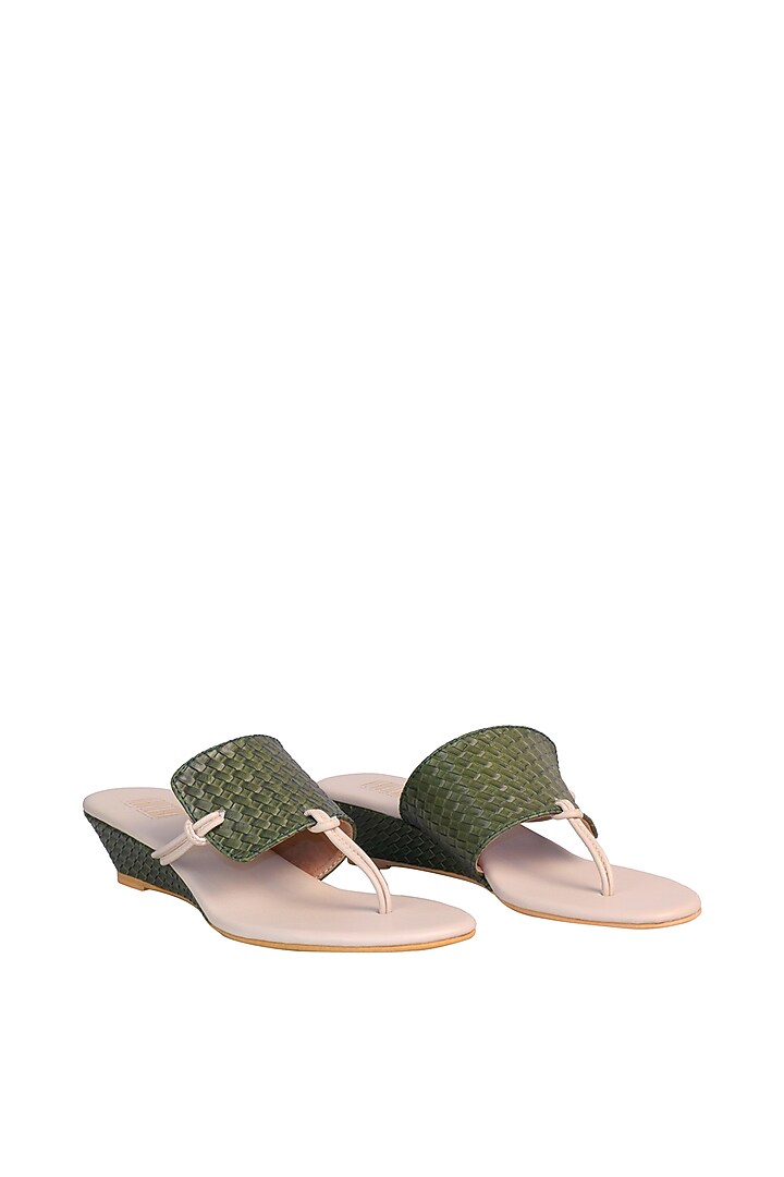 Green & Cream Wedges With Woven Textured Upper by Veruschka By Payal Kothari at Pernia's Pop Up Shop