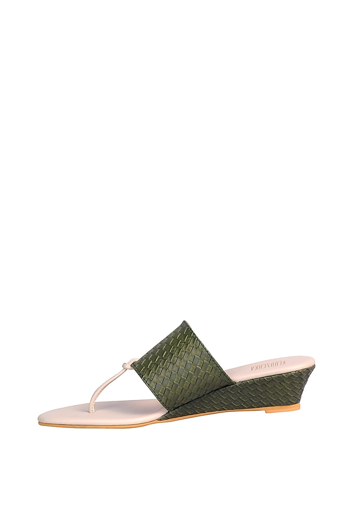 Green & Cream Wedges With Woven Textured Upper by Veruschka By Payal Kothari at Pernia's Pop Up Shop