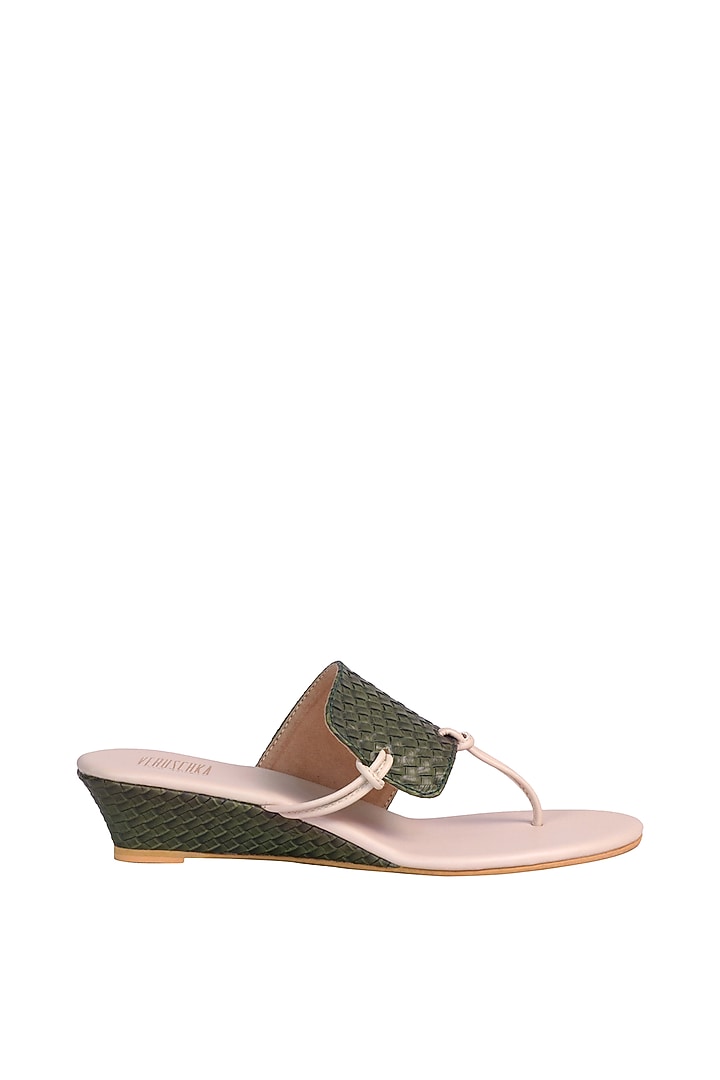 Green & Cream Wedges With Woven Textured Upper by Veruschka By Payal Kothari at Pernia's Pop Up Shop