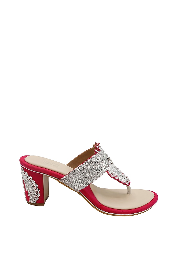 Hot Pink Raw Silk & Vegan Leather Embroidered Heeled Sandals  by Veruschka By Payal Kothari  at Pernia's Pop Up Shop