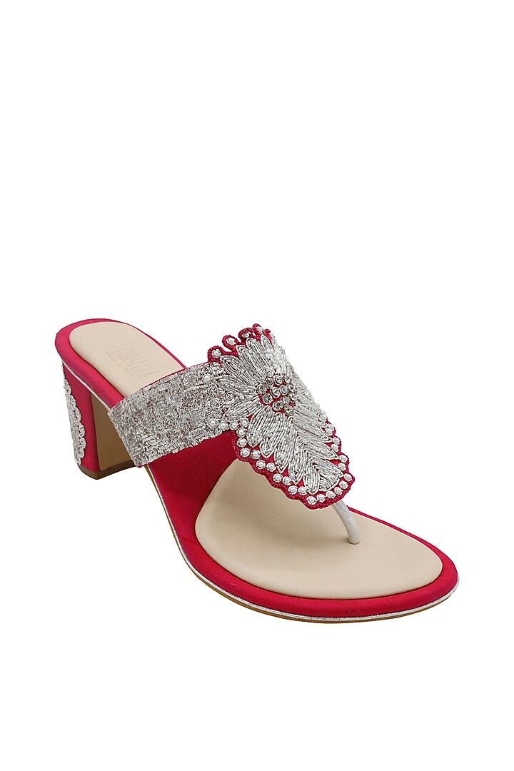 Hot Pink Raw Silk & Vegan Leather Embroidered Heeled Sandals  by Veruschka By Payal Kothari  at Pernia's Pop Up Shop