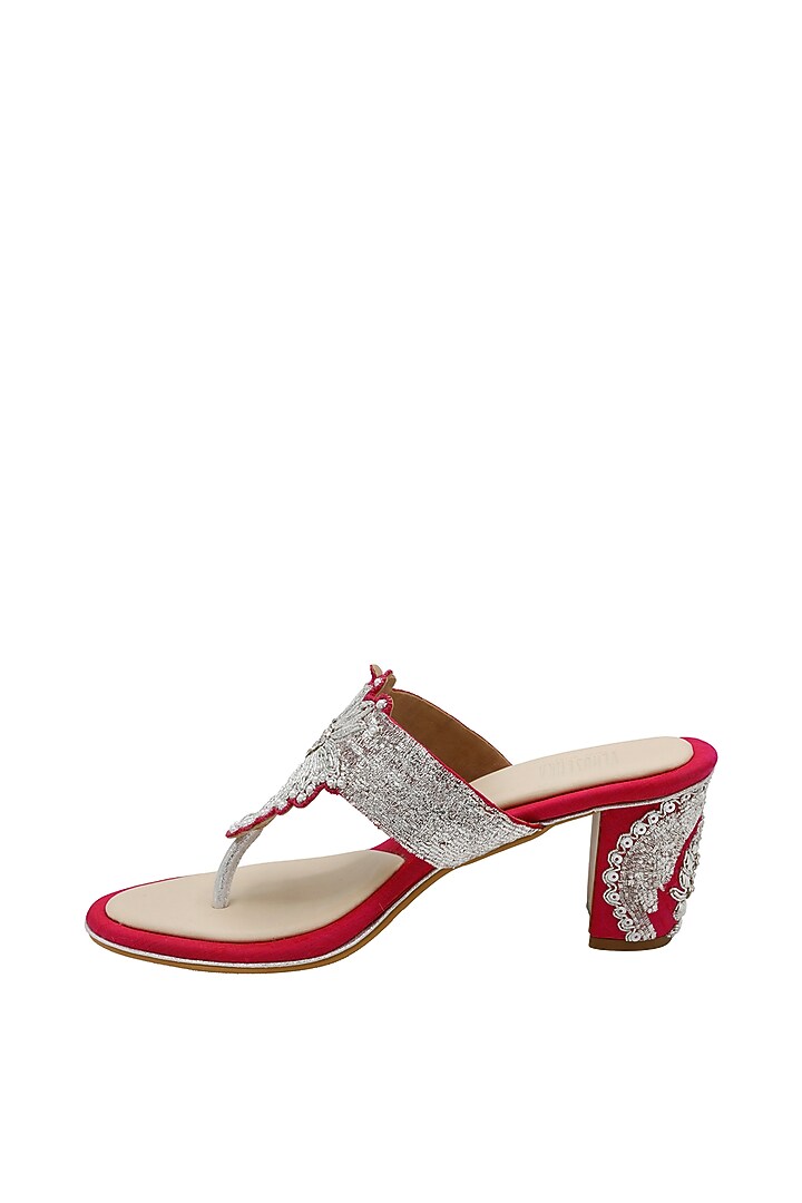 Hot Pink Raw Silk & Vegan Leather Embroidered Heeled Sandals  by Veruschka By Payal Kothari  at Pernia's Pop Up Shop