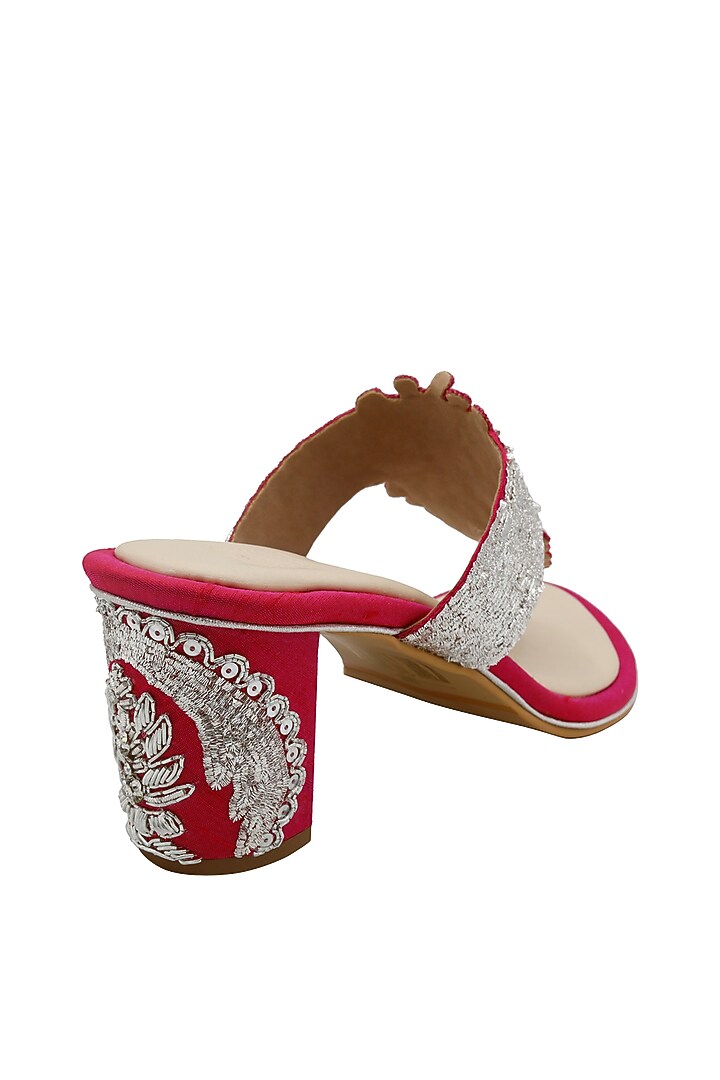 Hot Pink Raw Silk & Vegan Leather Embroidered Heeled Sandals  by Veruschka By Payal Kothari  at Pernia's Pop Up Shop