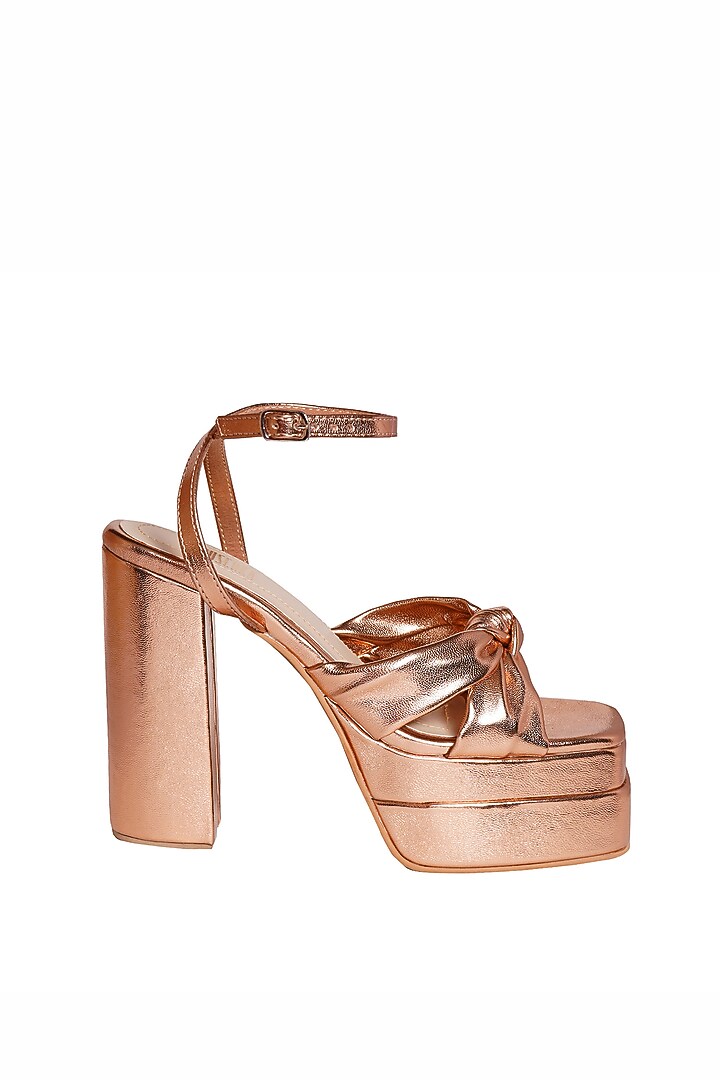 Metallic Rose Gold Vegan Leather Block Heels by Veruschka By Payal Kothari at Pernia's Pop Up Shop