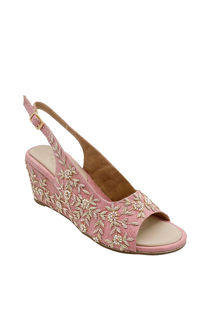 Rose Pink Raw Silk & Vegan Leather Embroidered Heeled Sandals by Veruschka By Payal Kothari at Pernia's Pop Up Shop