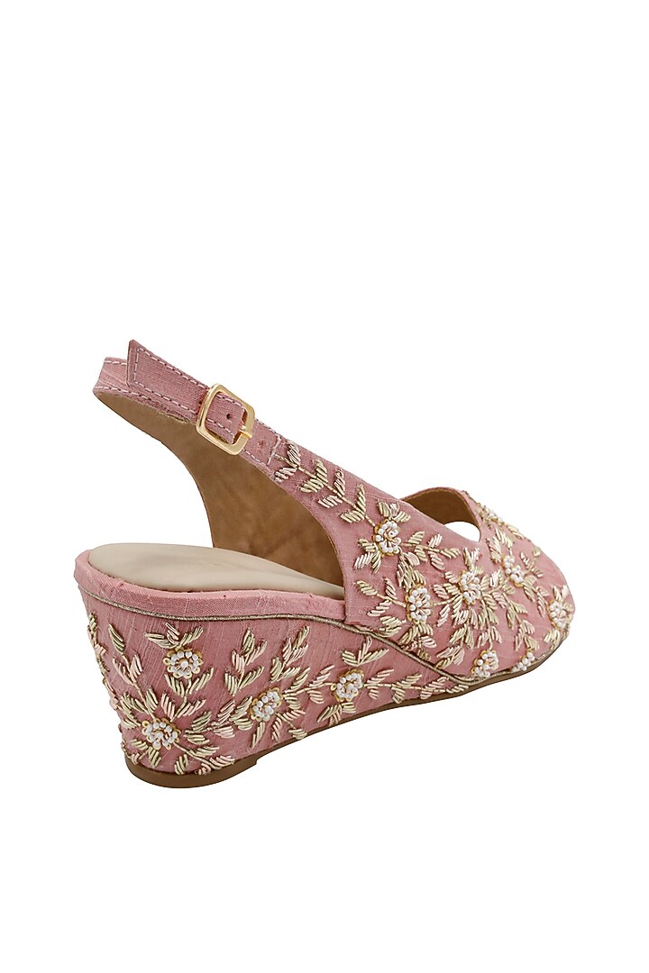 Rose Pink Raw Silk & Vegan Leather Embroidered Heeled Sandals by Veruschka By Payal Kothari at Pernia's Pop Up Shop