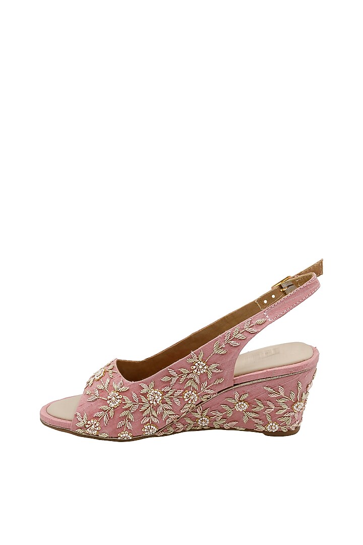 Rose Pink Raw Silk & Vegan Leather Embroidered Heeled Sandals by Veruschka By Payal Kothari at Pernia's Pop Up Shop