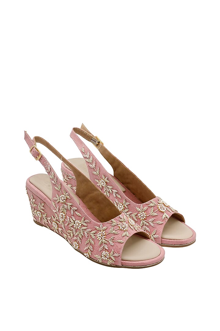 Rose Pink Raw Silk & Vegan Leather Embroidered Heeled Sandals by Veruschka By Payal Kothari at Pernia's Pop Up Shop