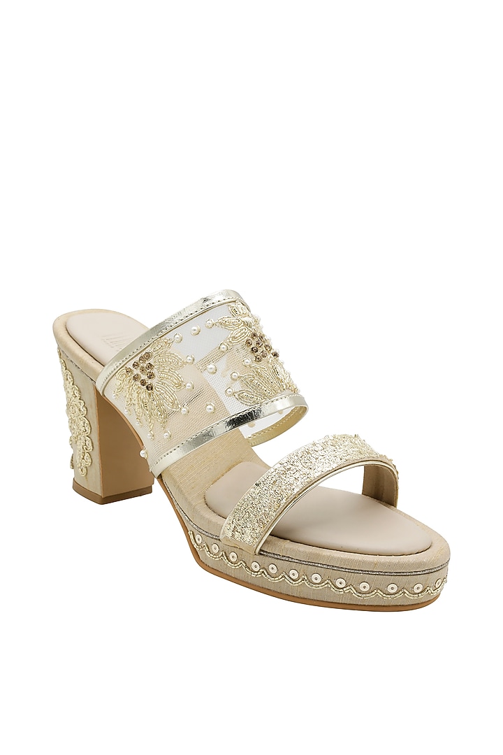 Gold Raw Silk & Vegan Leather Embroidered Heeled Sandals by Veruschka By Payal Kothari at Pernia's Pop Up Shop