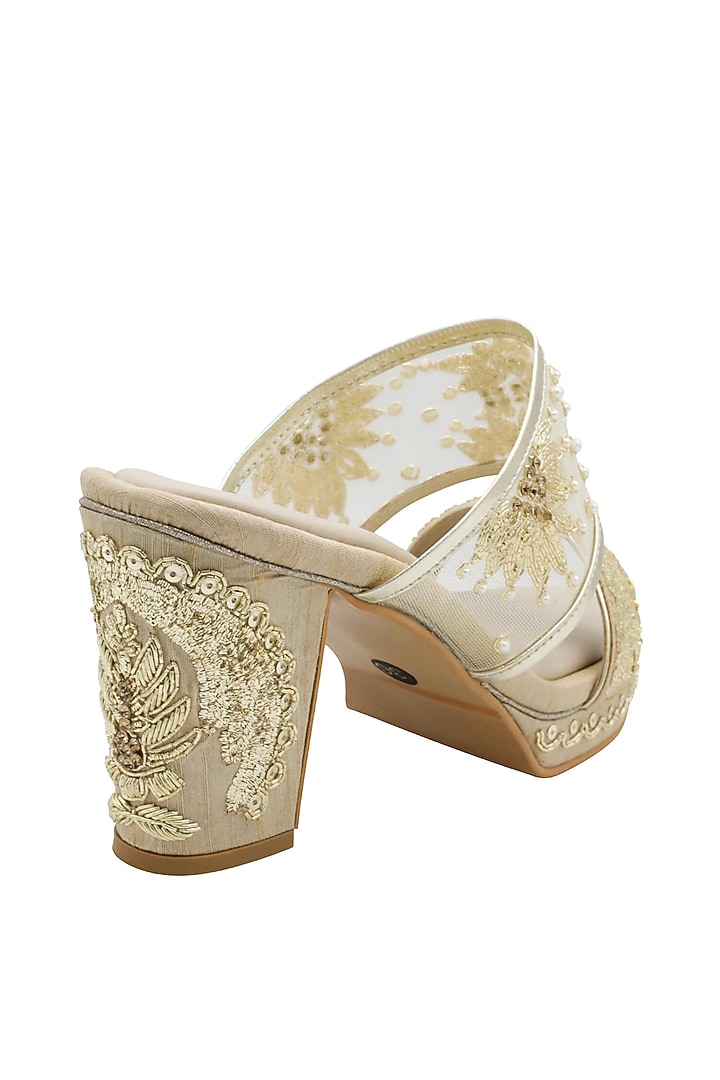 Gold Raw Silk & Vegan Leather Embroidered Heeled Sandals by Veruschka By Payal Kothari at Pernia's Pop Up Shop