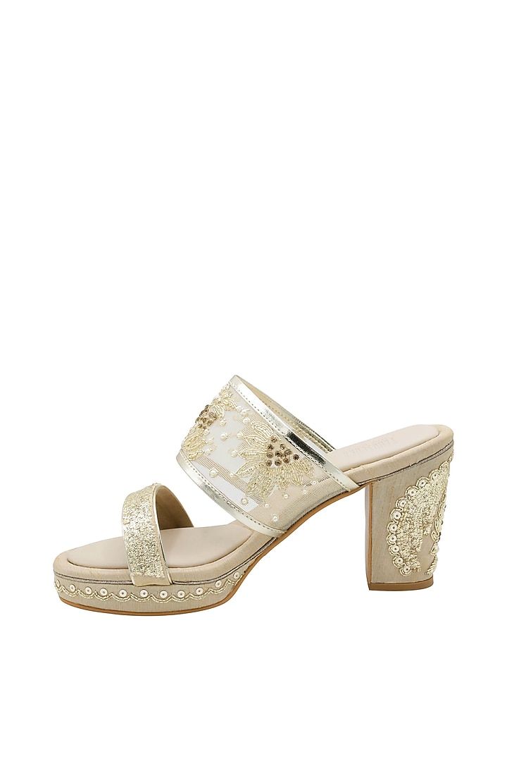 Gold Raw Silk & Vegan Leather Embroidered Heeled Sandals by Veruschka By Payal Kothari at Pernia's Pop Up Shop
