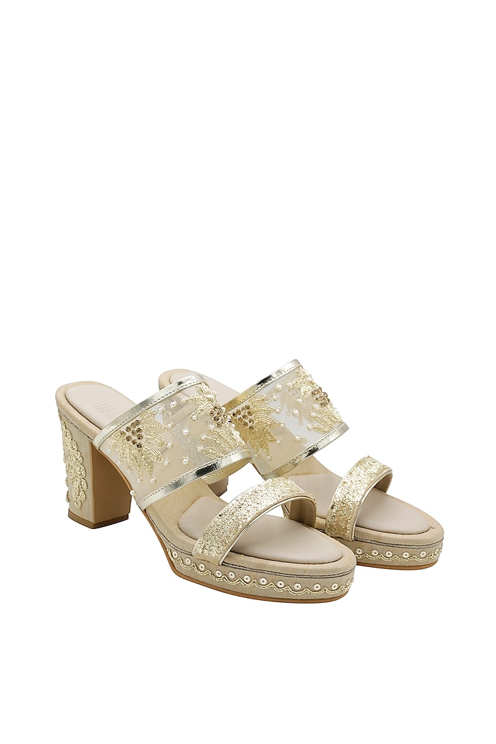 Gold Raw Silk & Vegan Leather Embroidered Heeled Sandals by Veruschka By Payal Kothari at Pernia's Pop Up Shop