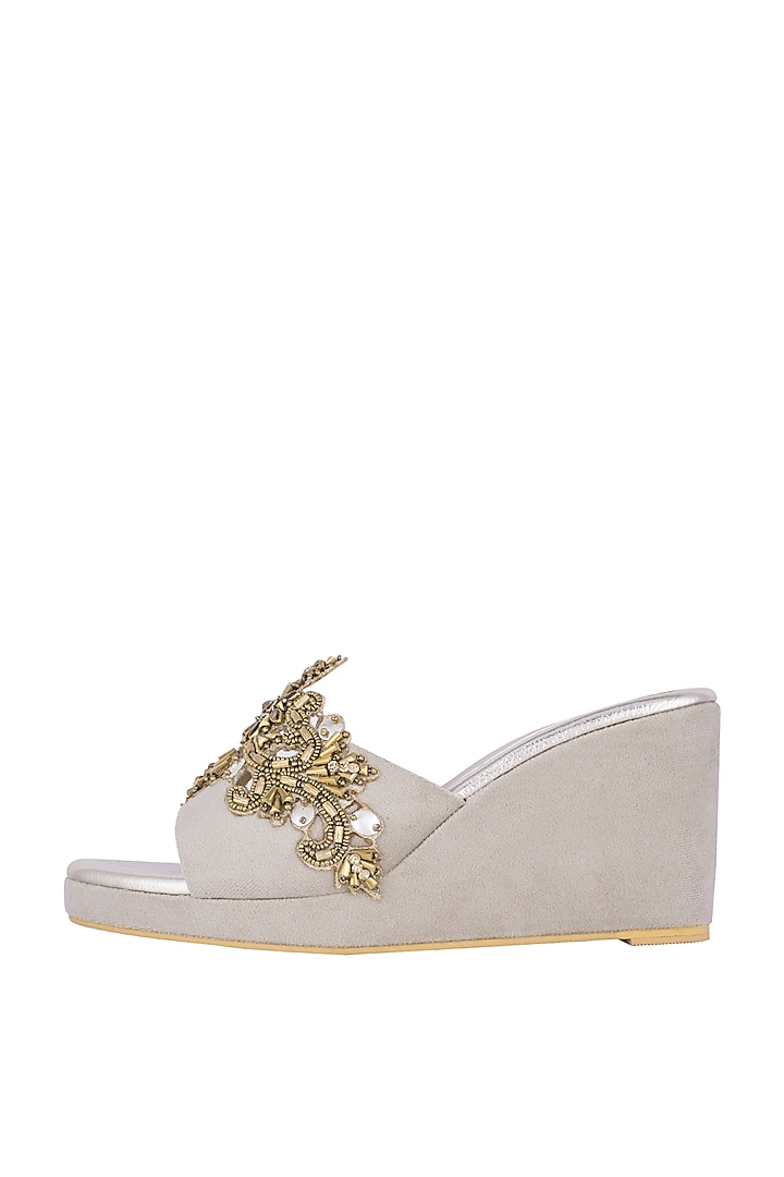 Off White & Gold Embroidered Slip On Wedges by Veruschka by Payal Kothari